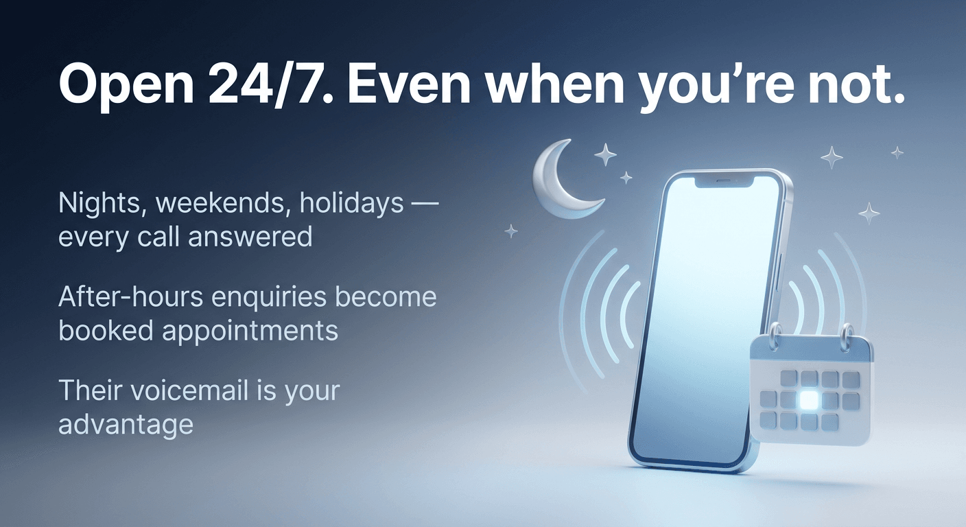 Night-time enquiries answered and booked automatically while the business sleeps