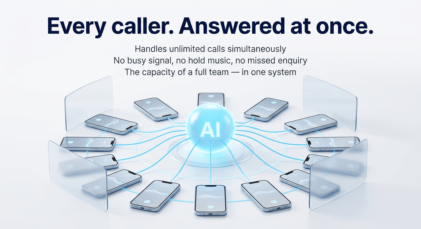 Every caller answered at once — an AI core handling a ring of phones simultaneously