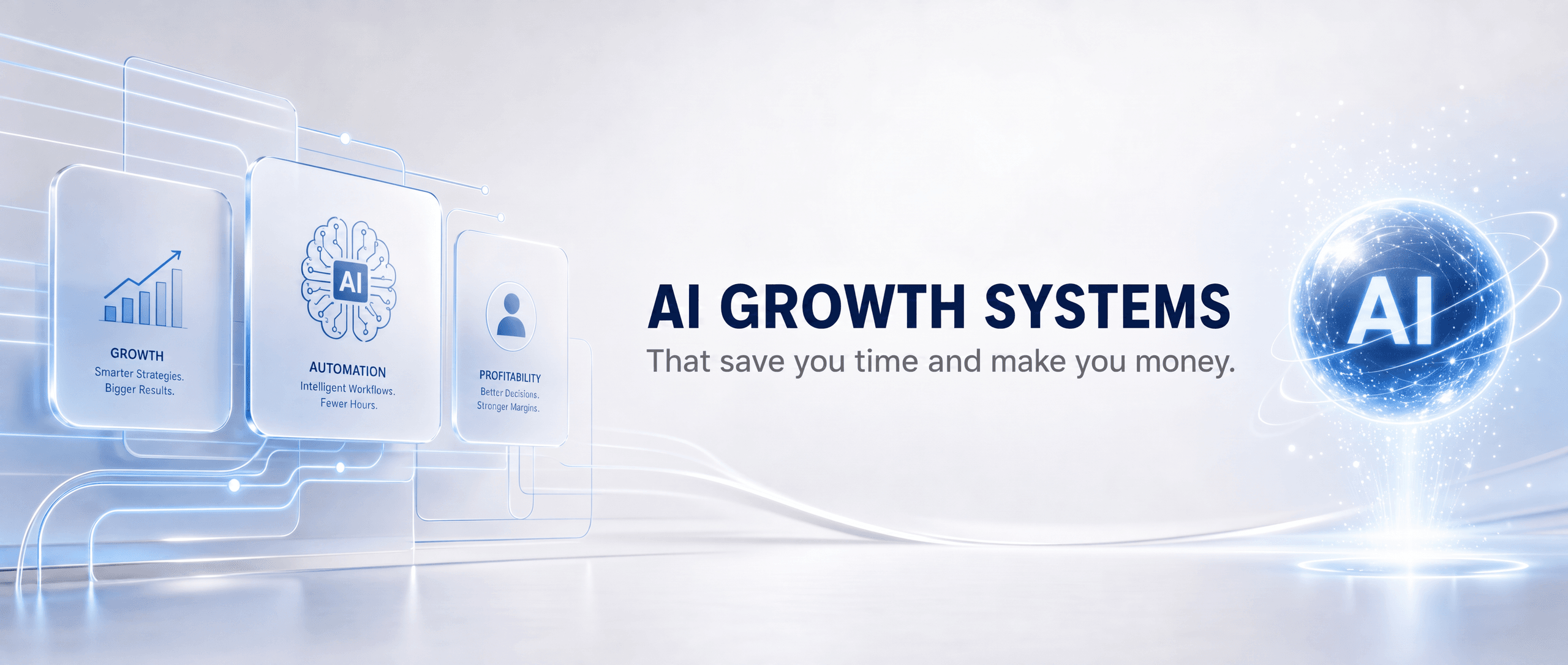 AI Growth Systems — growth, automation and profitability modules around a glowing AI core