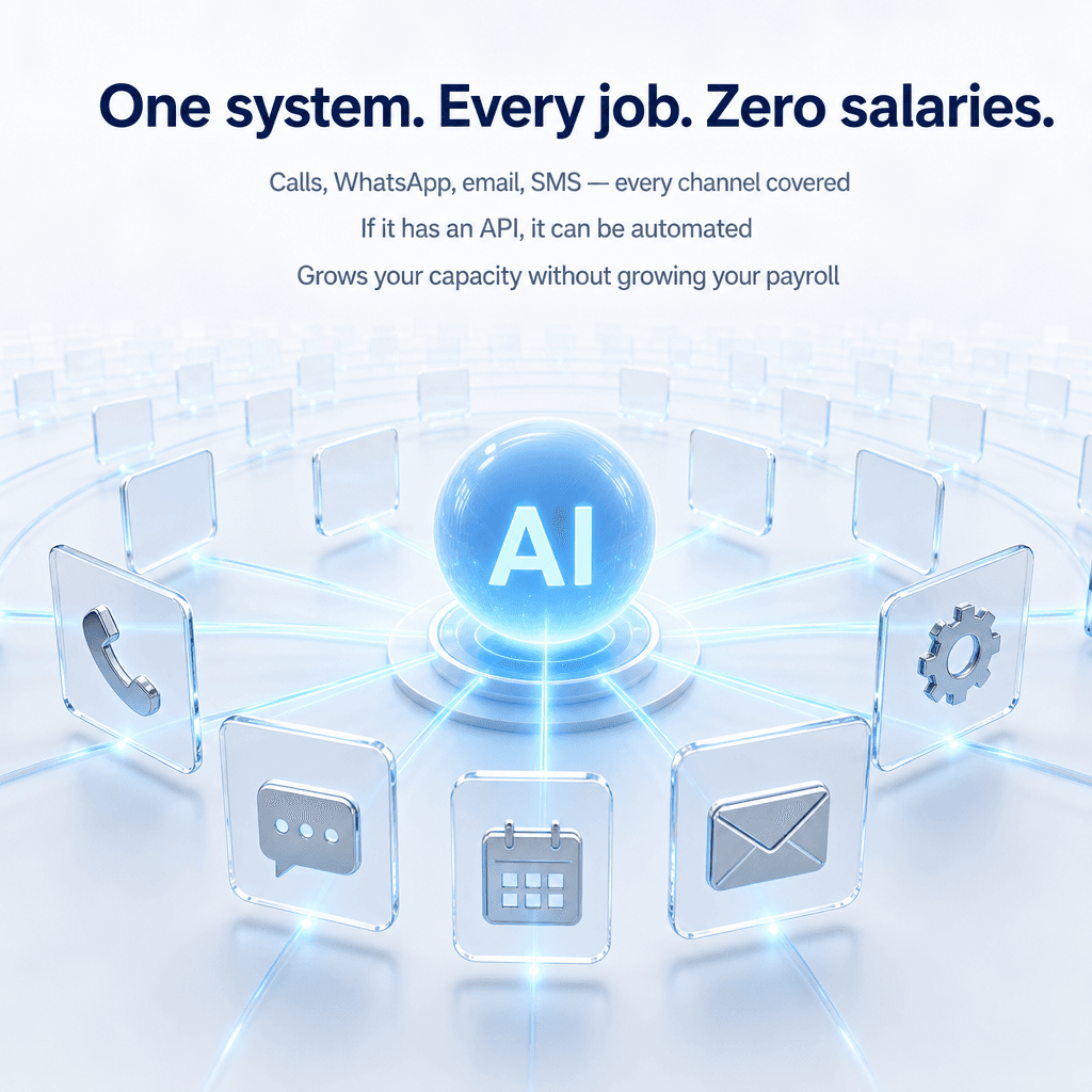 One system, every job — calls, WhatsApp, email and SMS covered, zero salaries