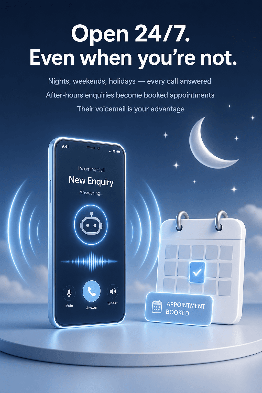 Open 24/7 — after-hours enquiries become booked appointments