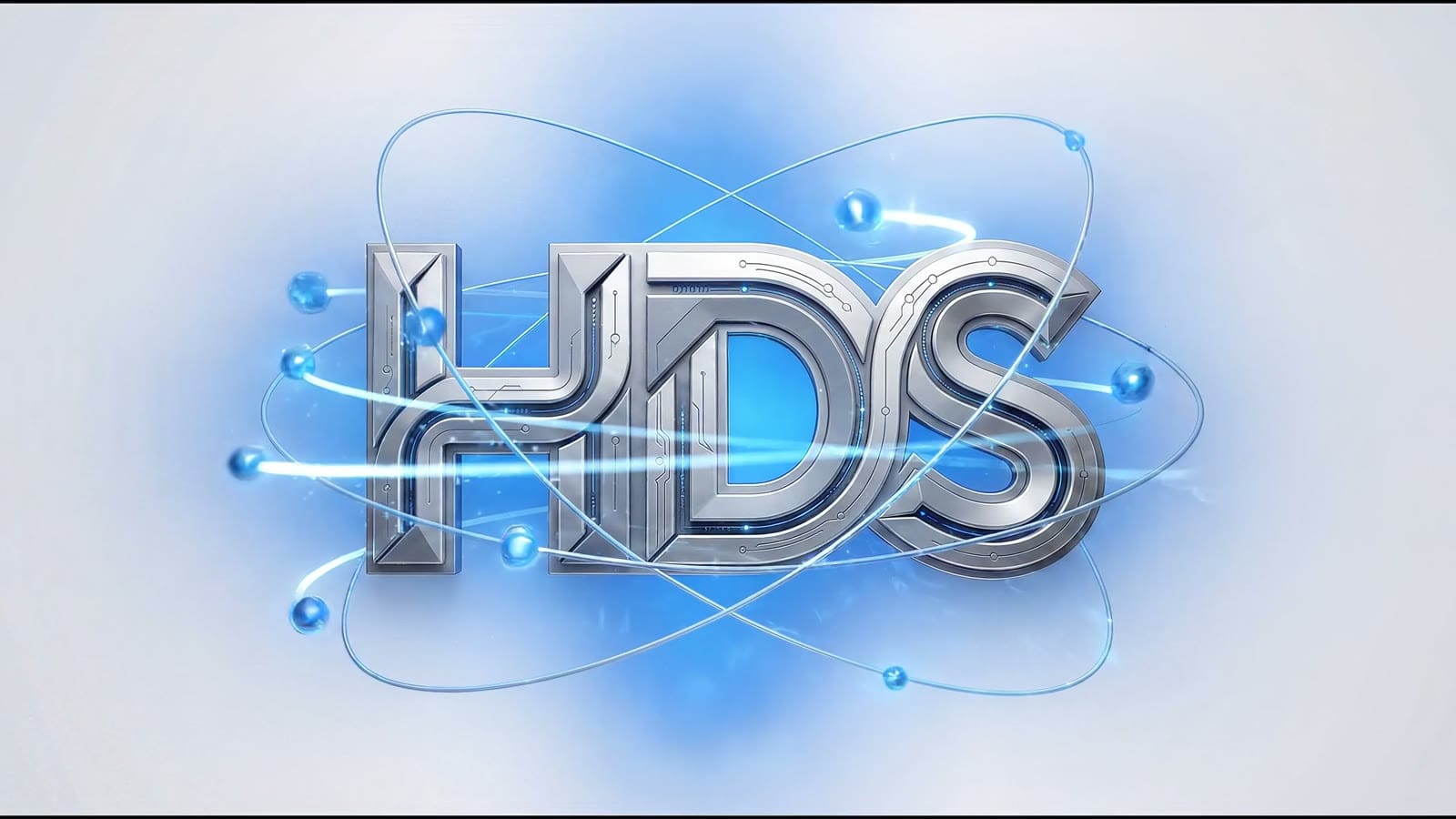 HDS chrome logo orbited by glowing blue electrons