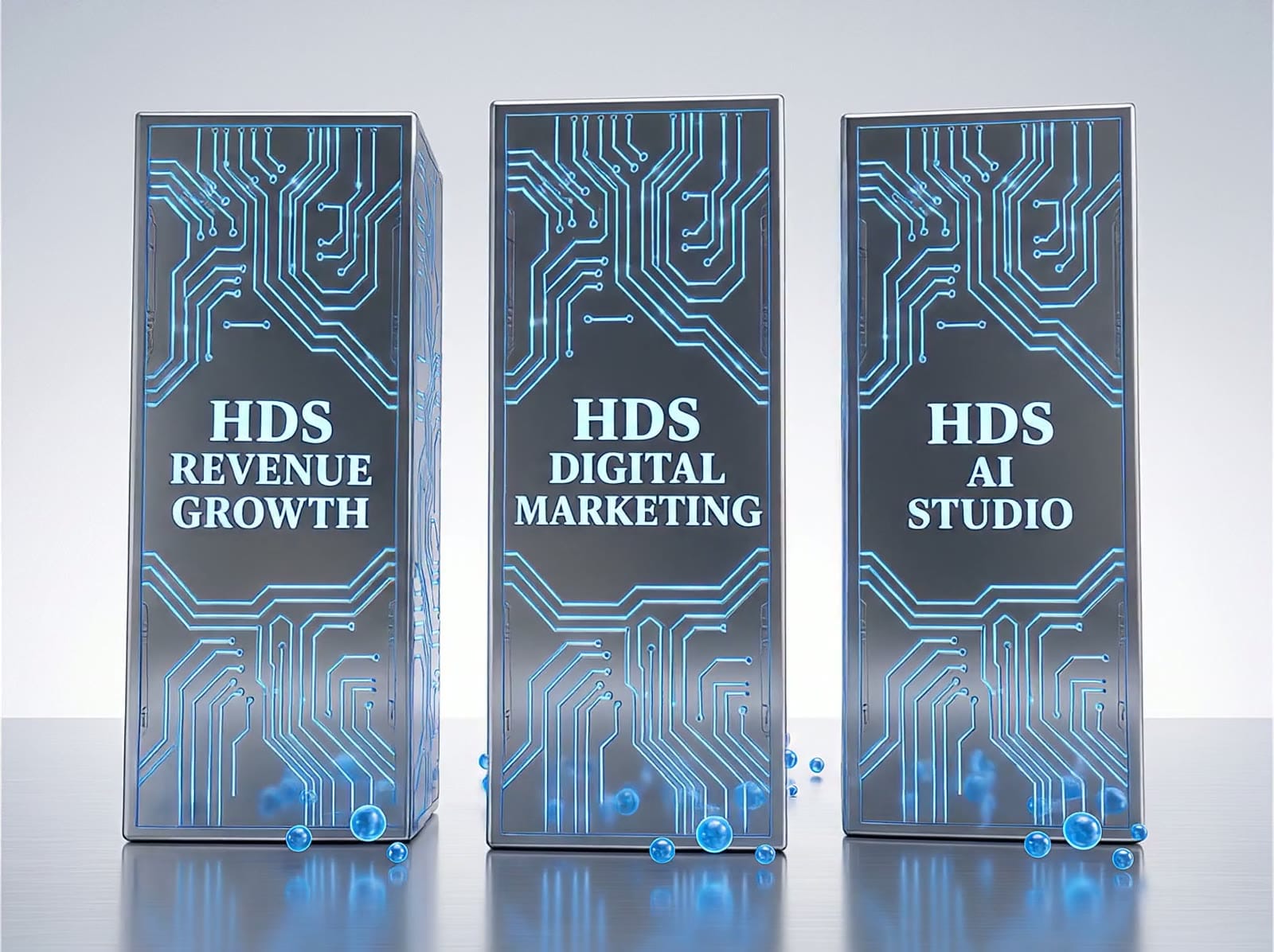 Three glass pillars — HDS Revenue Growth, HDS Digital Marketing and HDS AI Studio